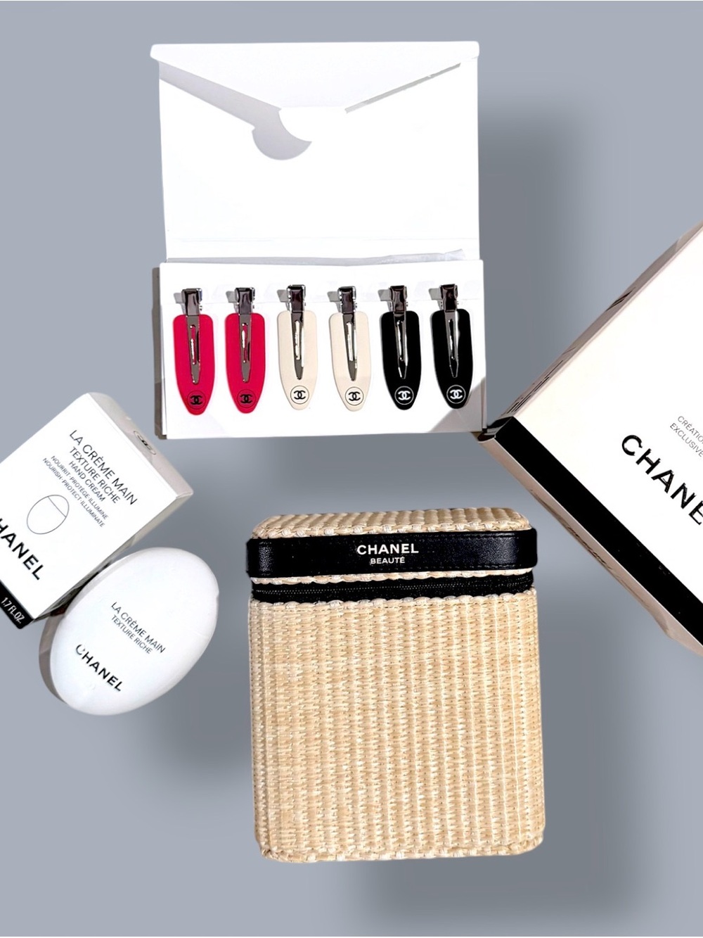 CHANEL Beauté Les Beiges Woven Pouch + Hair Clips + La Crème Main Bundle